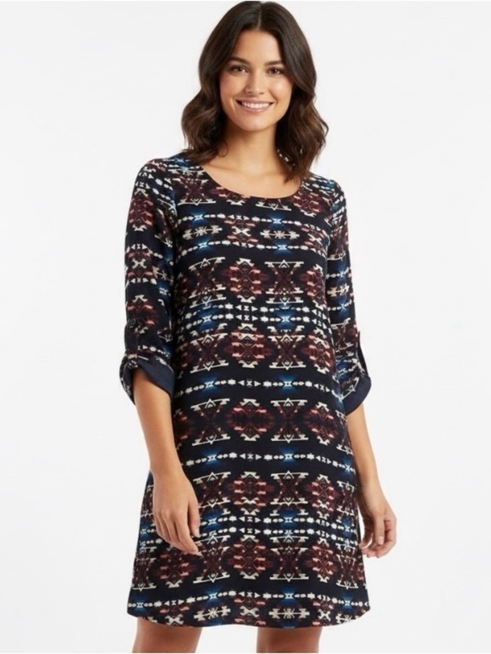 Speechless NWOT Black Aztec Print Shift Dress Tab Sleeve No Stretch